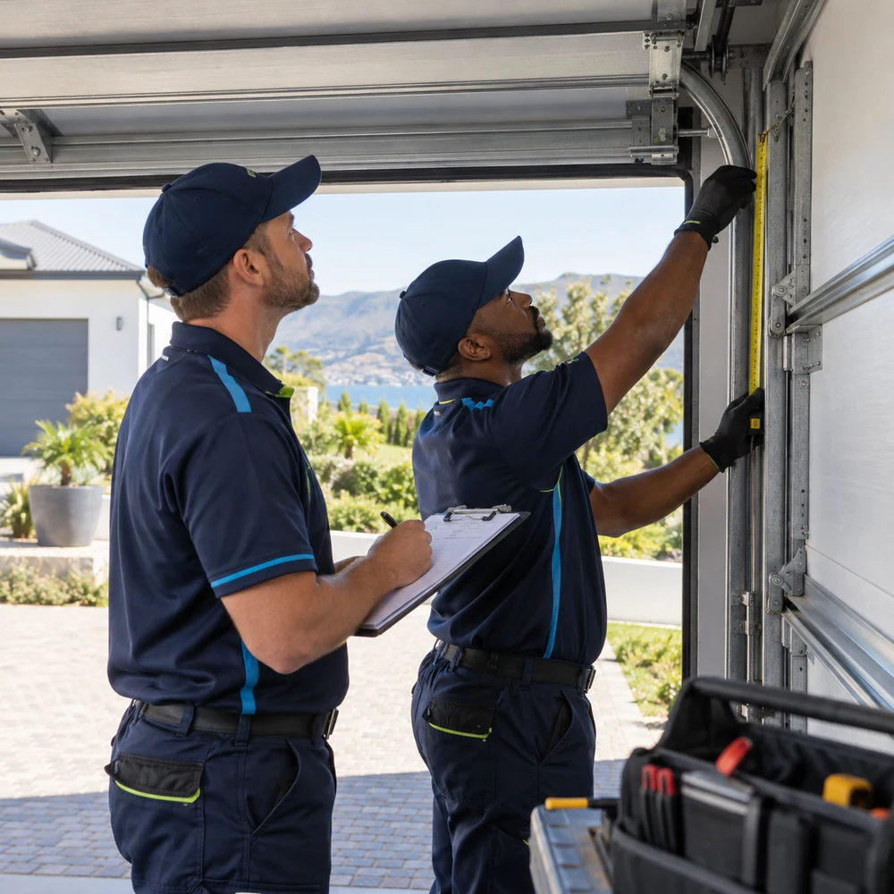Technician inspecting garage door hardware in the Garden Route
