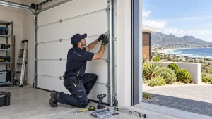 Garage door installer aligning a sectional door at a Garden Route home