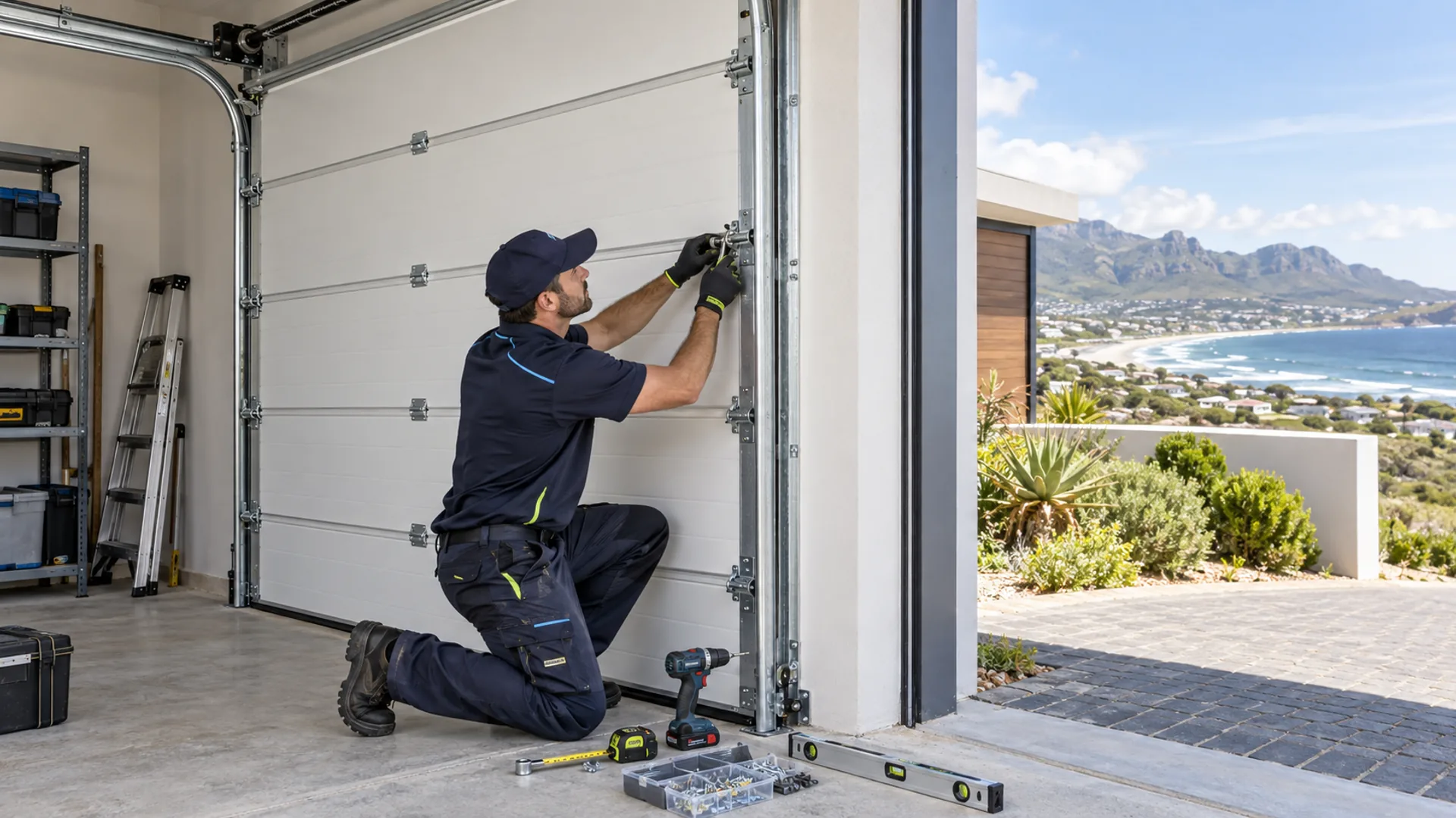 Garage door installer aligning a sectional door at a Garden Route home