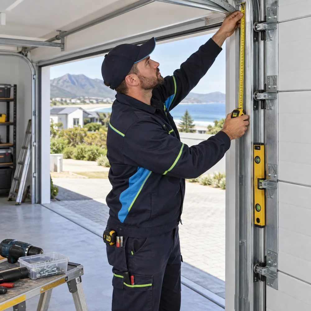Garage door track measured and aligned during installation