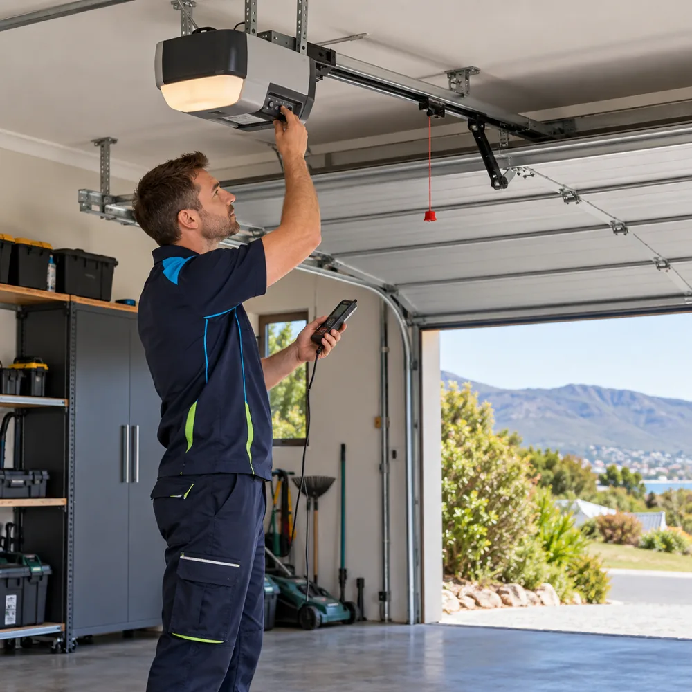 Technician testing garage door motor limits and rail movement
