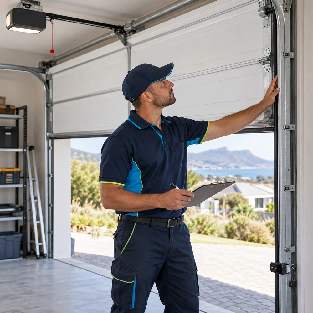 Garage door technician checking a door system in the Garden Route