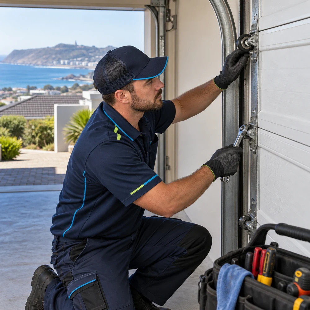 Technician repairing a garage door in the Garden Route