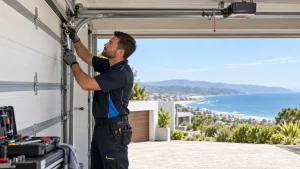 Technician repairing sectional garage door hardware in the Garden Route