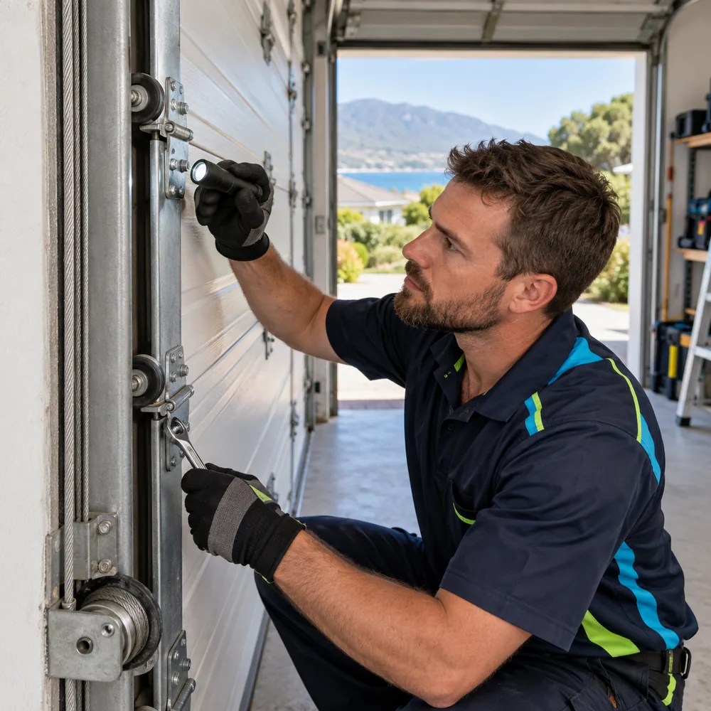 Technician inspecting rollers and cables during a garage door repair