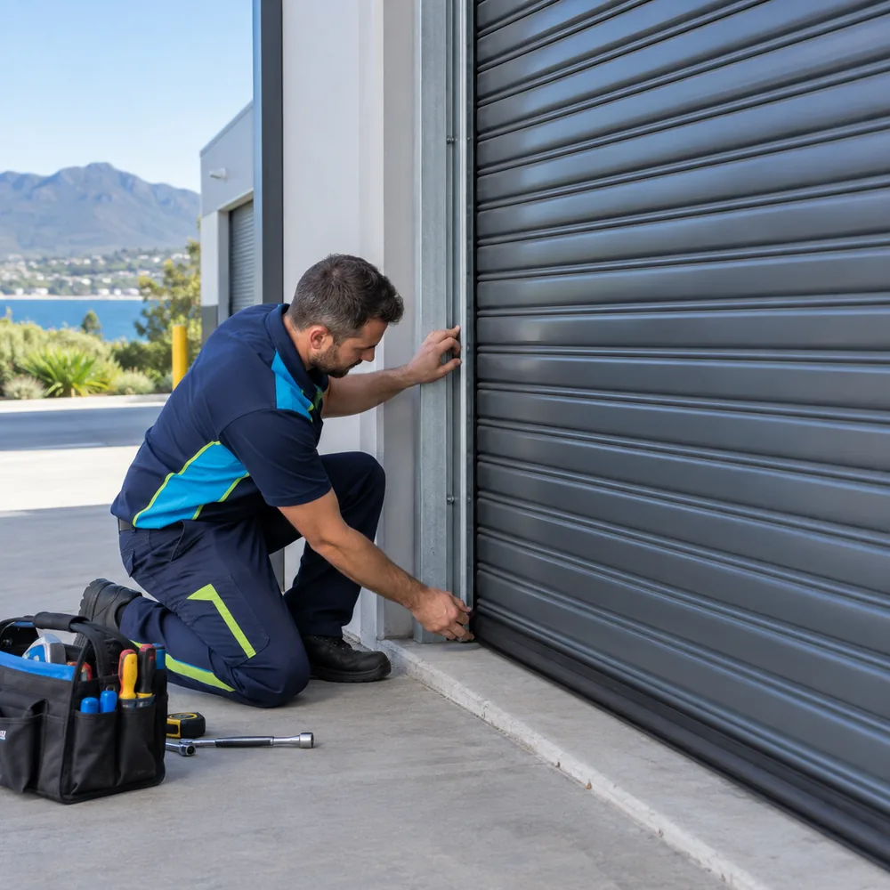 Roller shutter guide and bottom seal checked at a commercial entrance